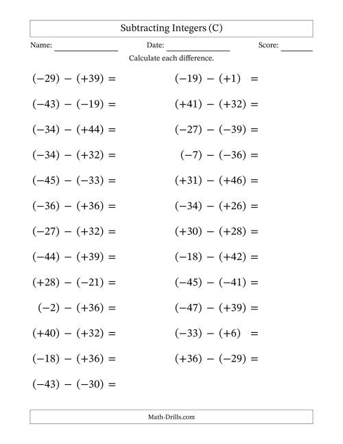 The Subtracting Mixed Integers from -50 to 50 (25 Questions; Large Print; All Parentheses) (C) Math Worksheet