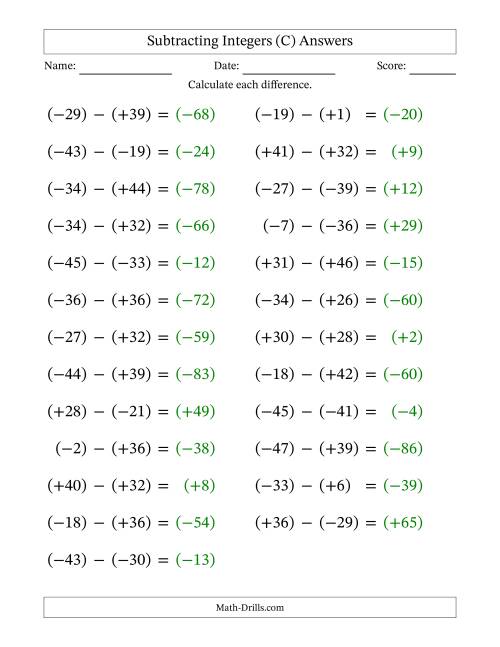 The Subtracting Mixed Integers from -50 to 50 (25 Questions; Large Print; All Parentheses) (C) Math Worksheet Page 2