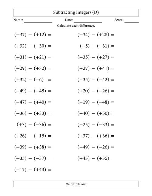 The Subtracting Mixed Integers from -50 to 50 (25 Questions; Large Print; All Parentheses) (D) Math Worksheet