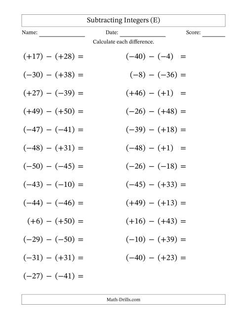 The Subtracting Mixed Integers from -50 to 50 (25 Questions; Large Print; All Parentheses) (E) Math Worksheet