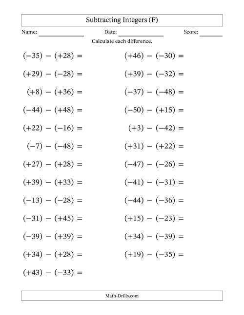 The Subtracting Mixed Integers from -50 to 50 (25 Questions; Large Print; All Parentheses) (F) Math Worksheet