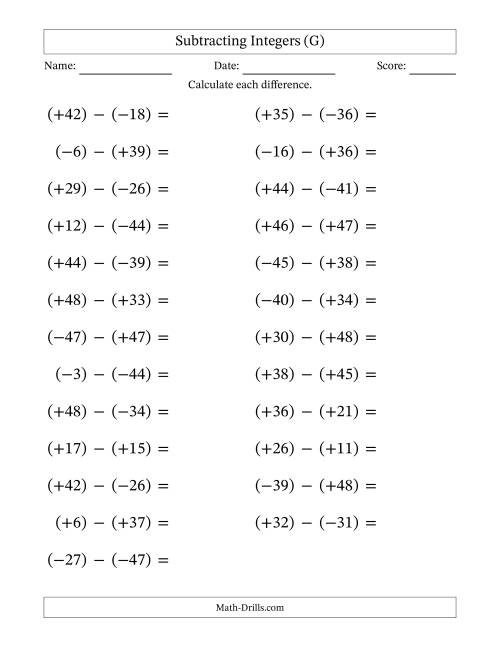 The Subtracting Mixed Integers from -50 to 50 (25 Questions; Large Print; All Parentheses) (G) Math Worksheet