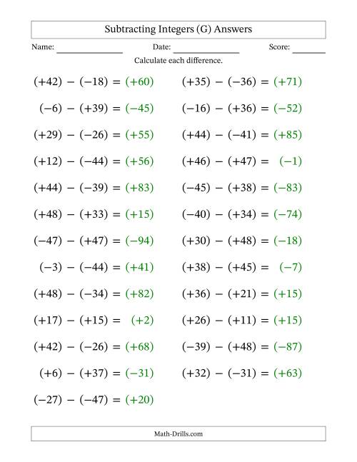 The Subtracting Mixed Integers from -50 to 50 (25 Questions; Large Print; All Parentheses) (G) Math Worksheet Page 2