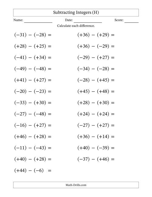 The Subtracting Mixed Integers from -50 to 50 (25 Questions; Large Print; All Parentheses) (H) Math Worksheet