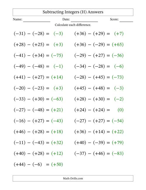 The Subtracting Mixed Integers from -50 to 50 (25 Questions; Large Print; All Parentheses) (H) Math Worksheet Page 2