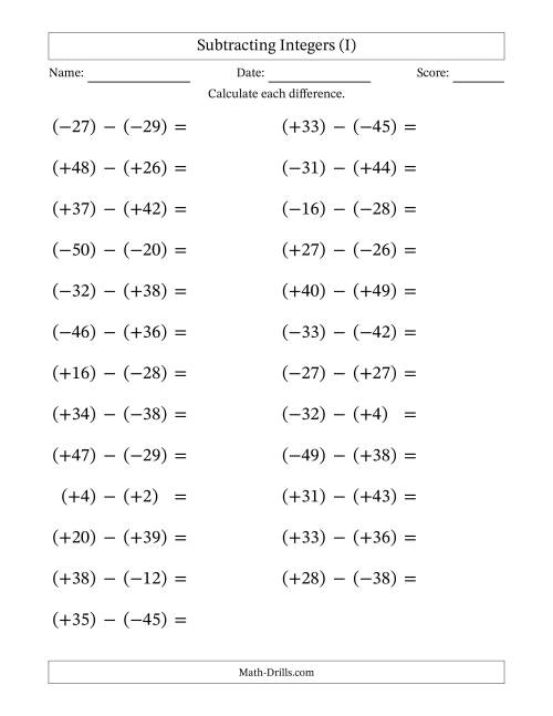 The Subtracting Mixed Integers from -50 to 50 (25 Questions; Large Print; All Parentheses) (I) Math Worksheet