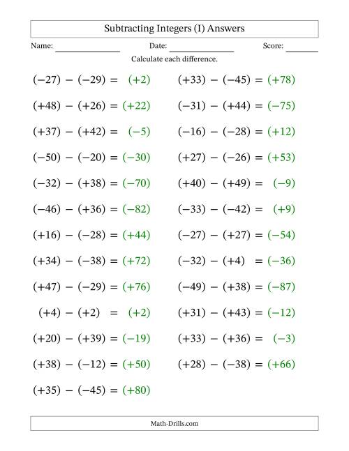 The Subtracting Mixed Integers from -50 to 50 (25 Questions; Large Print; All Parentheses) (I) Math Worksheet Page 2