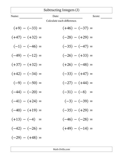 The Subtracting Mixed Integers from -50 to 50 (25 Questions; Large Print; All Parentheses) (J) Math Worksheet