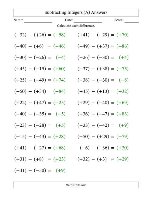 The Subtracting Mixed Integers from -50 to 50 (25 Questions; Large Print; All Parentheses) (All) Math Worksheet Page 2