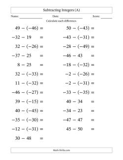 Subtracting Mixed Integers from -50 to 50 (25 Questions; Large Print)