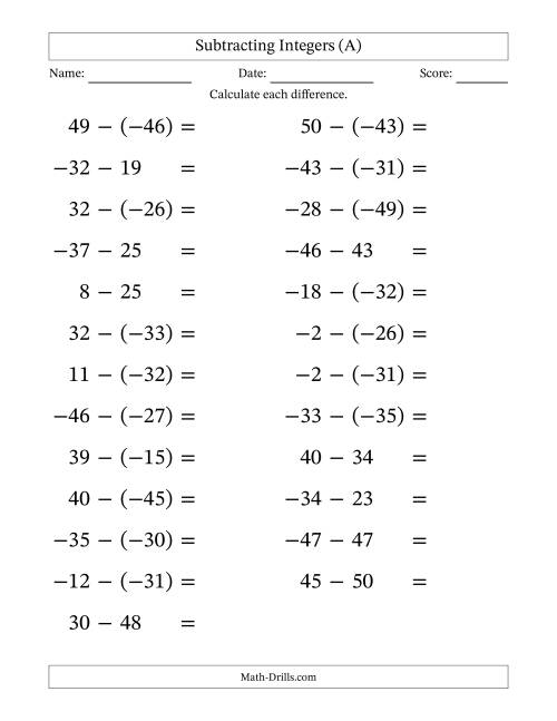 The Subtracting Mixed Integers from -50 to 50 (25 Questions; Large Print) (A) Math Worksheet