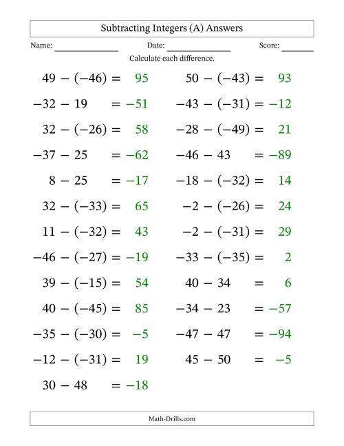 The Subtracting Mixed Integers from -50 to 50 (25 Questions; Large Print) (A) Math Worksheet Page 2