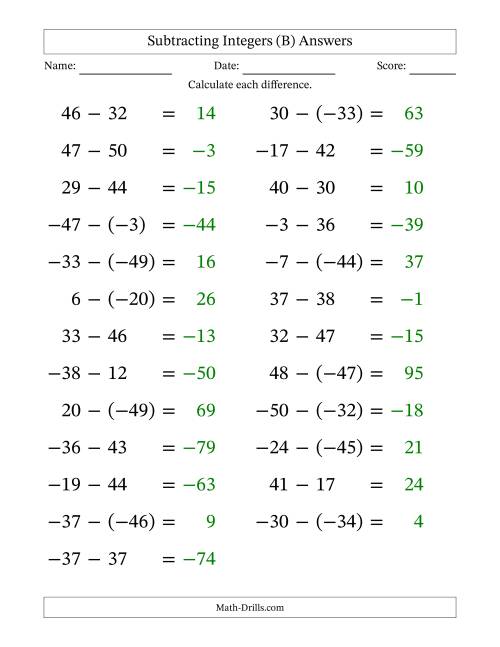 The Subtracting Mixed Integers from -50 to 50 (25 Questions; Large Print) (B) Math Worksheet Page 2