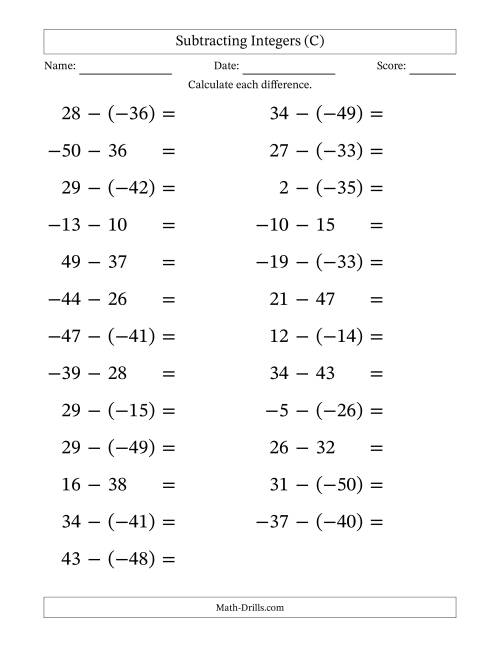 The Subtracting Mixed Integers from -50 to 50 (25 Questions; Large Print) (C) Math Worksheet