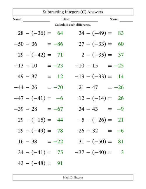 The Subtracting Mixed Integers from -50 to 50 (25 Questions; Large Print) (C) Math Worksheet Page 2