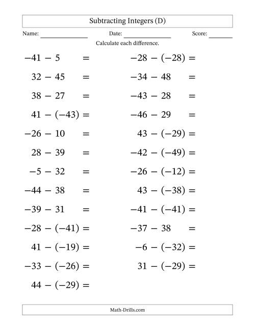 The Subtracting Mixed Integers from -50 to 50 (25 Questions; Large Print) (D) Math Worksheet