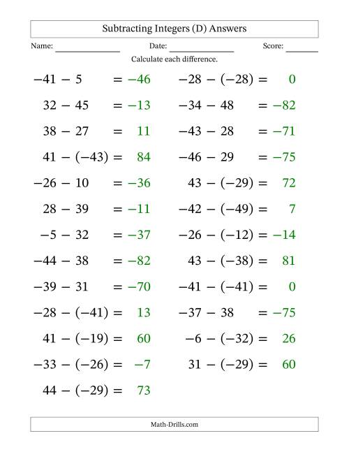 The Subtracting Mixed Integers from -50 to 50 (25 Questions; Large Print) (D) Math Worksheet Page 2