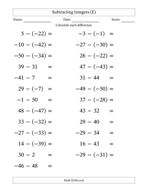 The Subtracting Mixed Integers from -50 to 50 (25 Questions; Large Print) (E) Math Worksheet