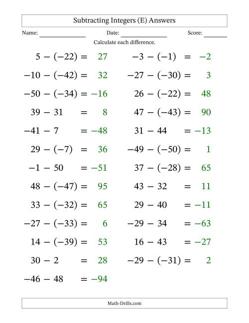 The Subtracting Mixed Integers from -50 to 50 (25 Questions; Large Print) (E) Math Worksheet Page 2