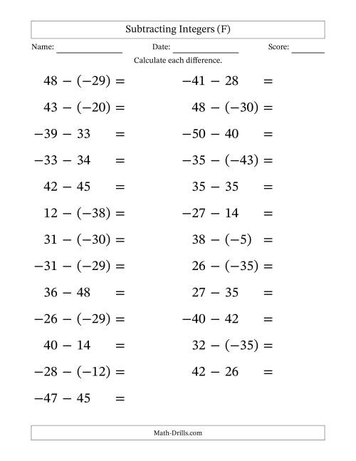 The Subtracting Mixed Integers from -50 to 50 (25 Questions; Large Print) (F) Math Worksheet