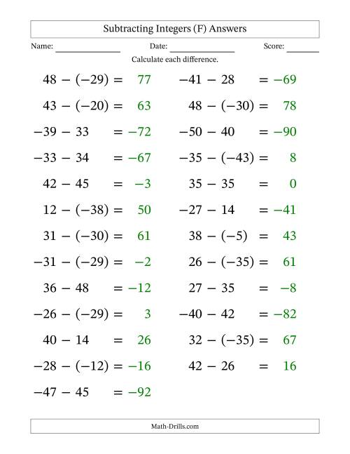 The Subtracting Mixed Integers from -50 to 50 (25 Questions; Large Print) (F) Math Worksheet Page 2