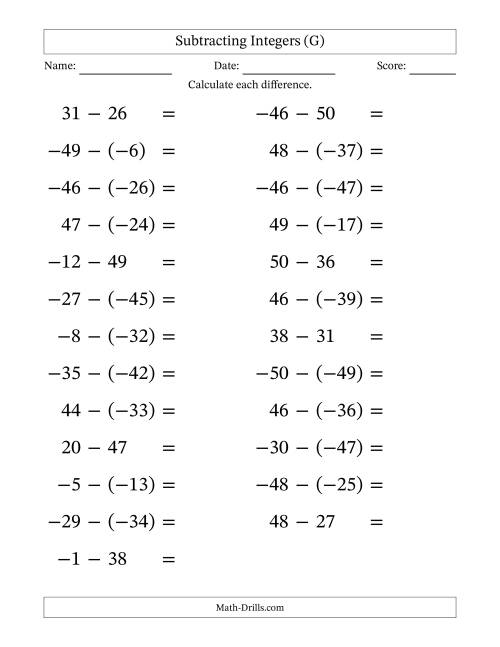 The Subtracting Mixed Integers from -50 to 50 (25 Questions; Large Print) (G) Math Worksheet