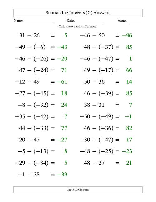 The Subtracting Mixed Integers from -50 to 50 (25 Questions; Large Print) (G) Math Worksheet Page 2