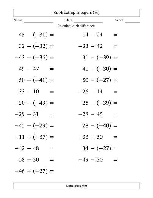 The Subtracting Mixed Integers from -50 to 50 (25 Questions; Large Print) (H) Math Worksheet