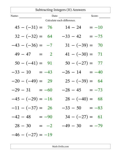 The Subtracting Mixed Integers from -50 to 50 (25 Questions; Large Print) (H) Math Worksheet Page 2
