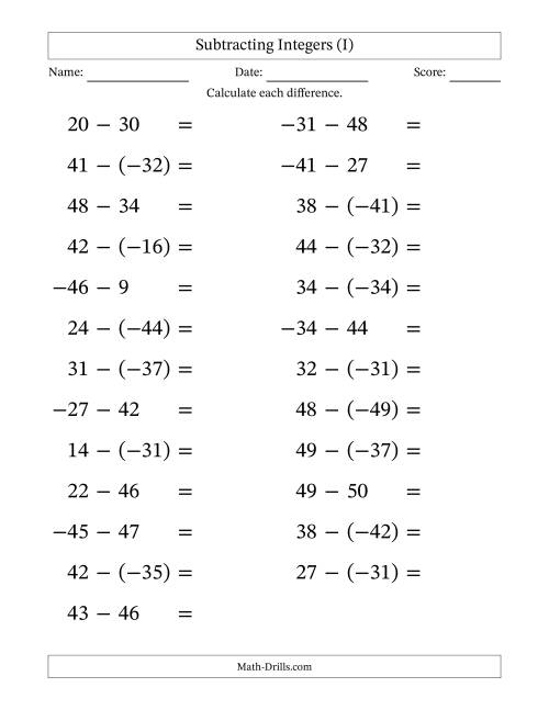 The Subtracting Mixed Integers from -50 to 50 (25 Questions; Large Print) (I) Math Worksheet