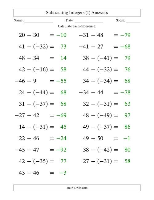 The Subtracting Mixed Integers from -50 to 50 (25 Questions; Large Print) (I) Math Worksheet Page 2
