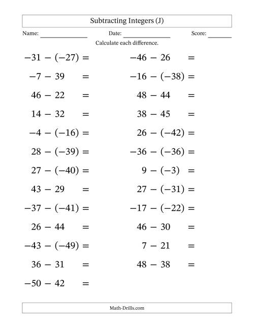 The Subtracting Mixed Integers from -50 to 50 (25 Questions; Large Print) (J) Math Worksheet