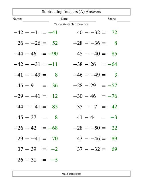 The Subtracting Mixed Integers from -50 to 50 (25 Questions; Large Print; No Parentheses) (A) Math Worksheet Page 2