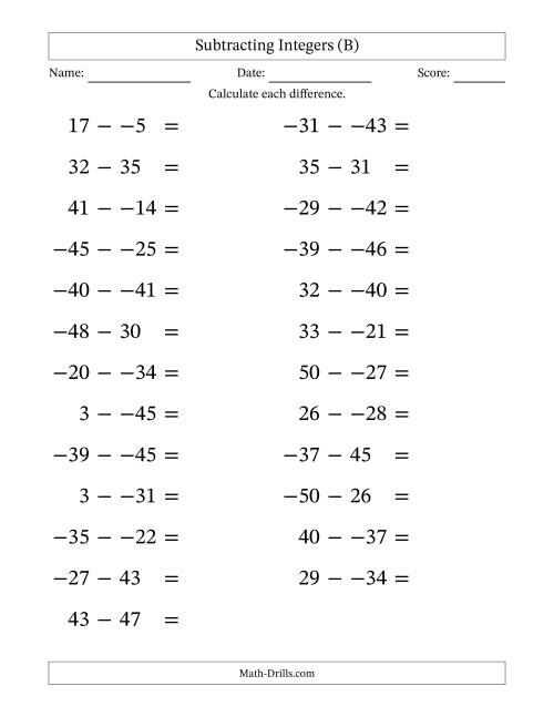 The Subtracting Mixed Integers from -50 to 50 (25 Questions; Large Print; No Parentheses) (B) Math Worksheet