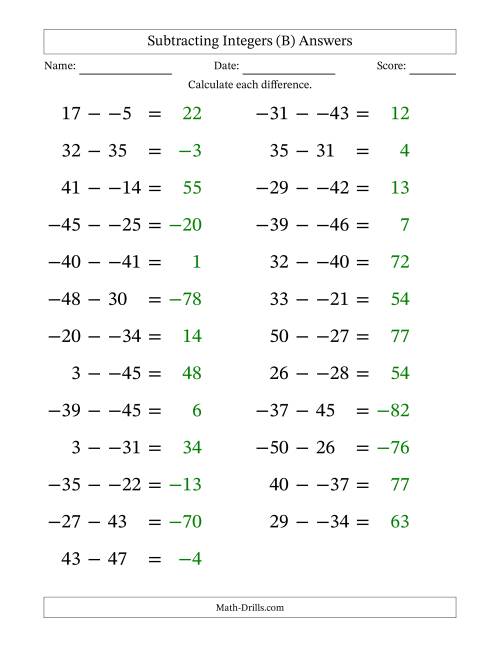 The Subtracting Mixed Integers from -50 to 50 (25 Questions; Large Print; No Parentheses) (B) Math Worksheet Page 2