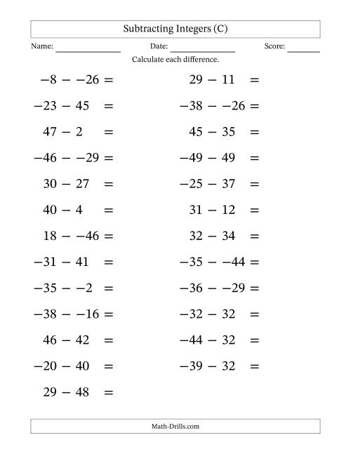 The Subtracting Mixed Integers from -50 to 50 (25 Questions; Large Print; No Parentheses) (C) Math Worksheet