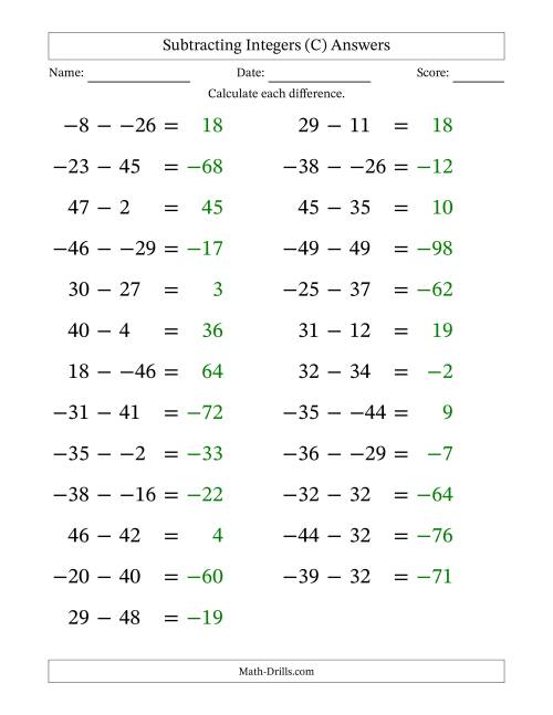 The Subtracting Mixed Integers from -50 to 50 (25 Questions; Large Print; No Parentheses) (C) Math Worksheet Page 2