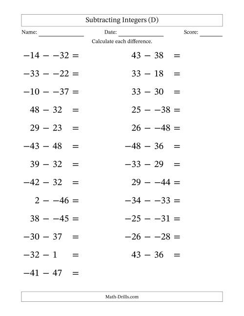 The Subtracting Mixed Integers from -50 to 50 (25 Questions; Large Print; No Parentheses) (D) Math Worksheet