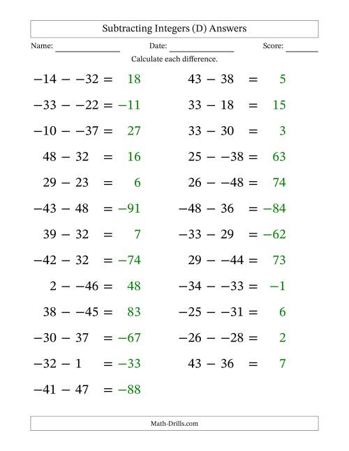 The Subtracting Mixed Integers from -50 to 50 (25 Questions; Large Print; No Parentheses) (D) Math Worksheet Page 2