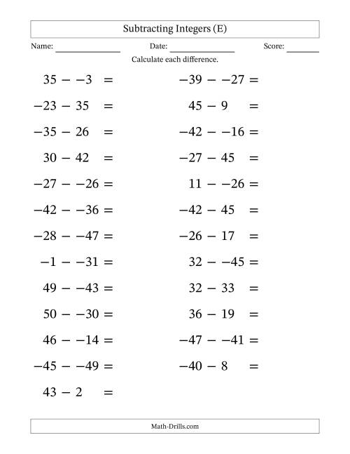 The Subtracting Mixed Integers from -50 to 50 (25 Questions; Large Print; No Parentheses) (E) Math Worksheet