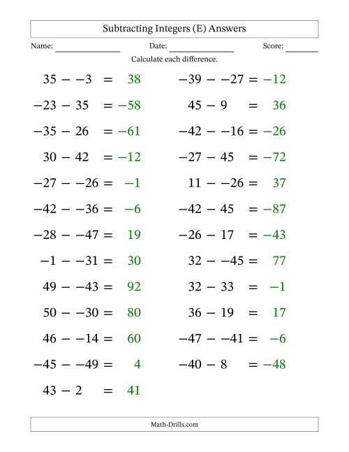 The Subtracting Mixed Integers from -50 to 50 (25 Questions; Large Print; No Parentheses) (E) Math Worksheet Page 2