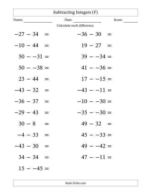 The Subtracting Mixed Integers from -50 to 50 (25 Questions; Large Print; No Parentheses) (F) Math Worksheet