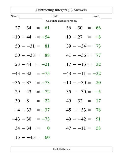 The Subtracting Mixed Integers from -50 to 50 (25 Questions; Large Print; No Parentheses) (F) Math Worksheet Page 2