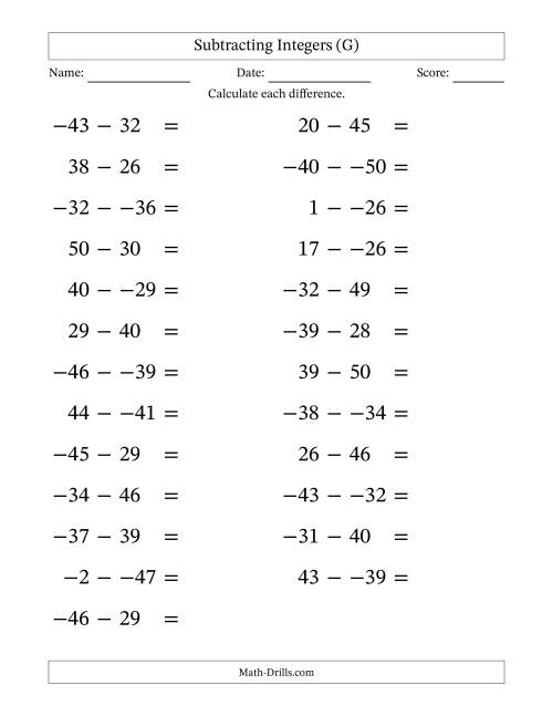 The Subtracting Mixed Integers from -50 to 50 (25 Questions; Large Print; No Parentheses) (G) Math Worksheet