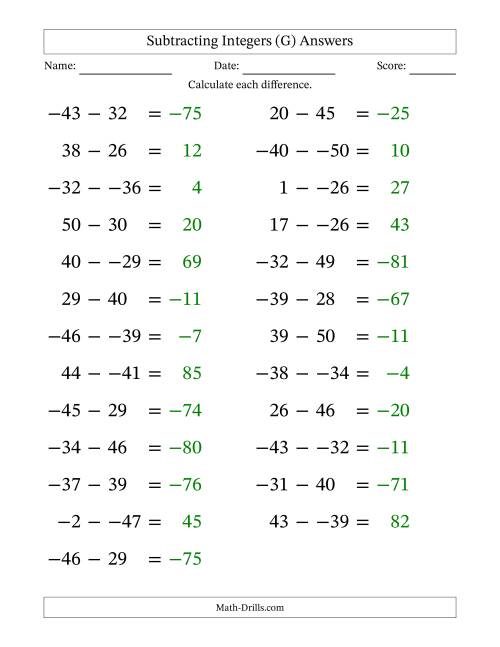 The Subtracting Mixed Integers from -50 to 50 (25 Questions; Large Print; No Parentheses) (G) Math Worksheet Page 2