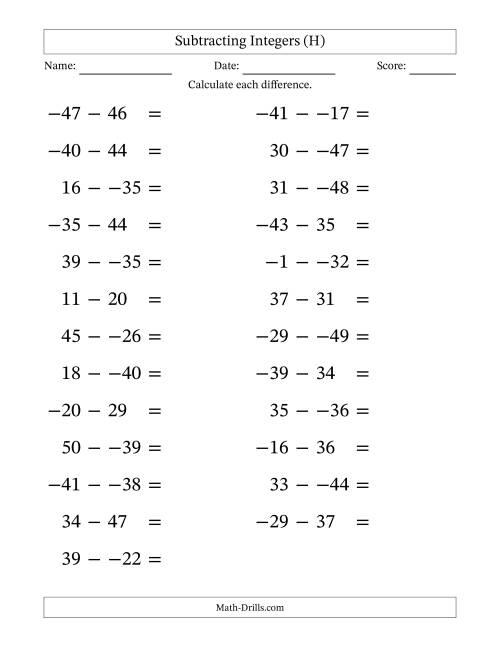 The Subtracting Mixed Integers from -50 to 50 (25 Questions; Large Print; No Parentheses) (H) Math Worksheet