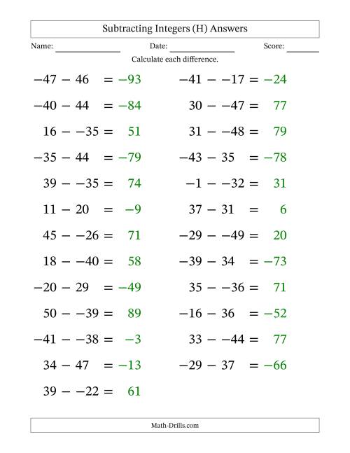 The Subtracting Mixed Integers from -50 to 50 (25 Questions; Large Print; No Parentheses) (H) Math Worksheet Page 2