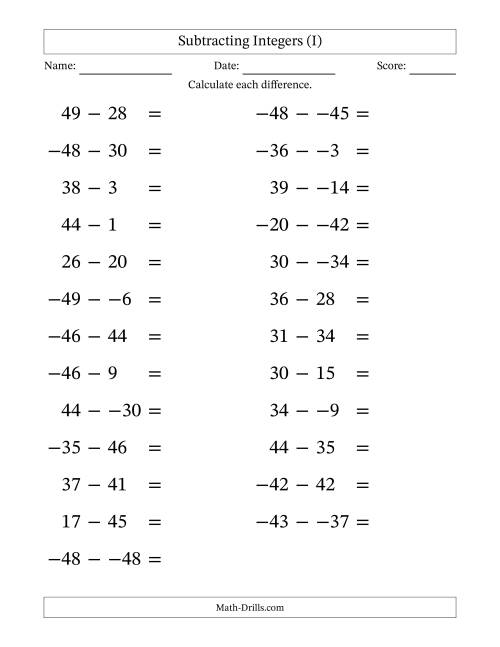 The Subtracting Mixed Integers from -50 to 50 (25 Questions; Large Print; No Parentheses) (I) Math Worksheet