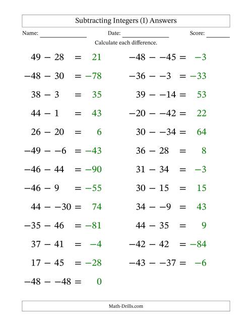 The Subtracting Mixed Integers from -50 to 50 (25 Questions; Large Print; No Parentheses) (I) Math Worksheet Page 2