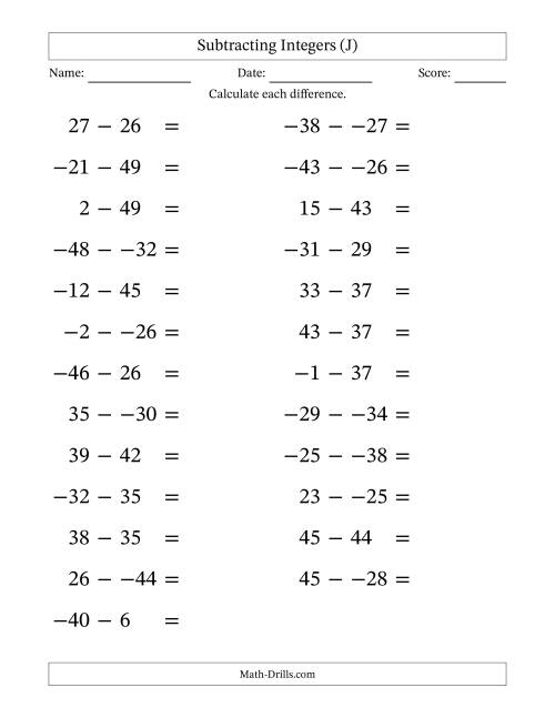 The Subtracting Mixed Integers from -50 to 50 (25 Questions; Large Print; No Parentheses) (J) Math Worksheet